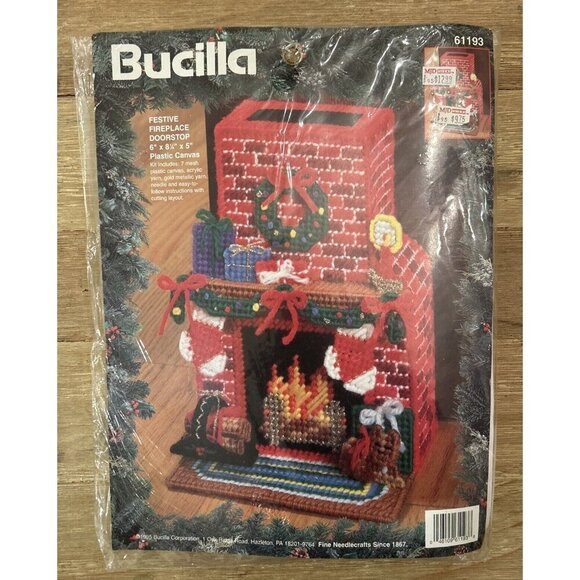 Bucilla Christmas Doorstop Kit Festive Fireplace Plastic Canvas Kit 61193 NEW - Picture 1 of 5